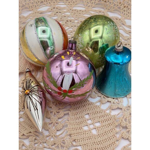 Lot 5 VTG Glass Ornaments Germany Austria Glitter Mica - Picture 1 of 11